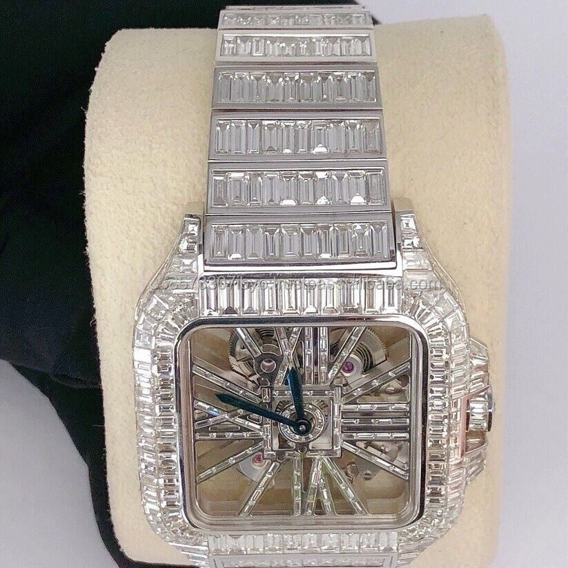 Cartier Skeleton Baguette VVS Diamond Hip hop Stainless Steel White Gold Plated Men Watch