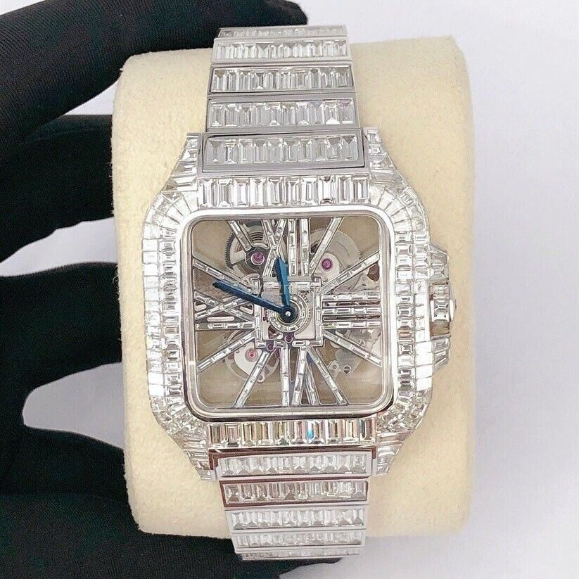 Cartier Skeleton Baguette VVS Diamond Hip hop Stainless Steel White Gold Plated Men Watch