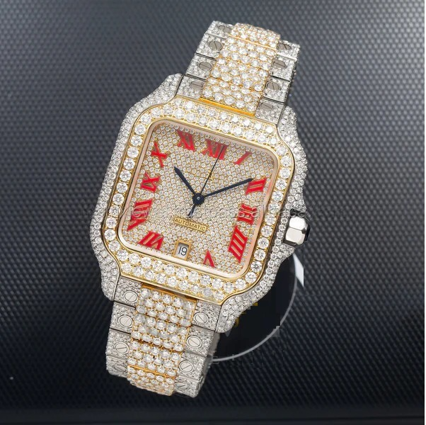 Two Tone Stainless Steel Gold Plated Diamond Watch, Square Dial Men Watch, Roman Digit Display Watch