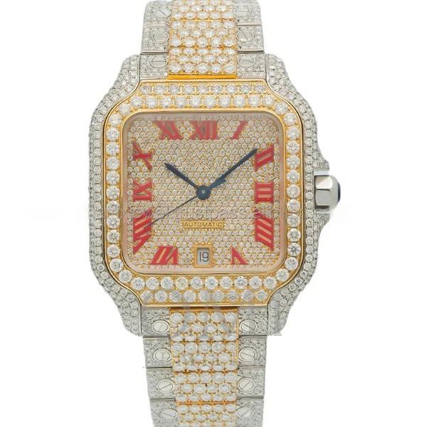 Two Tone Stainless Steel Gold Plated Diamond Watch, Square Dial Men Watch, Roman Digit Display Watch