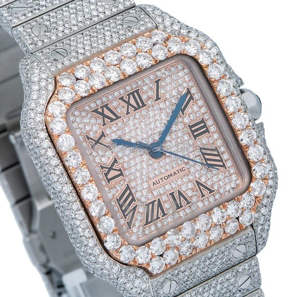 Santos Roman Pave Dial ,Automatic Movement Watch, Moissanite Studded Diamond Fully Iced Out Watch