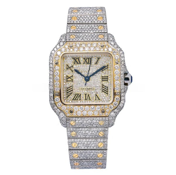 VVS Moissanite Roman Numeral Dial Round Men's Two Tone Iced Out Bust Down Watch