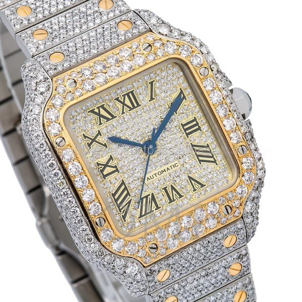 VVS Moissanite Roman Numeral Dial Round Men's Two Tone Iced Out Bust Down Watch