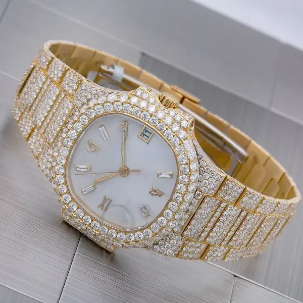 Round VVS Diamond Men Automatic Watch, Yellow Gold Plated Fully Ice out Hip hop diamond Men Watch