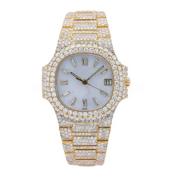 Round VVS Diamond Men Automatic Watch, Yellow Gold Plated Fully Ice out Hip hop diamond Men Watch