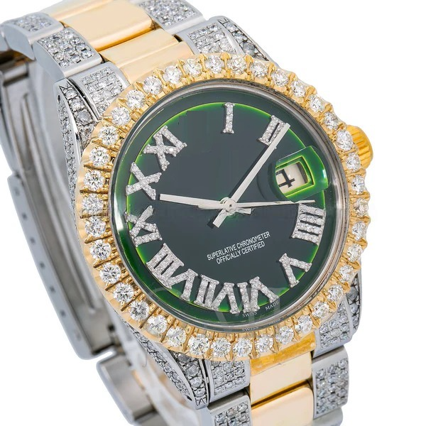 40mm Iced Out Luxury Two Tone Roman Numeral Dial Hip Hop Moissanite Watch