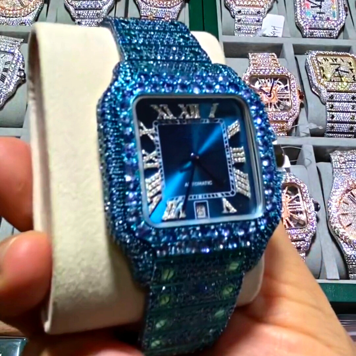 High Quality Premium Squarde Dial Blue Navy Blue Diamond Iced Out Bust Down Stainless Steel Watch Lab Grown