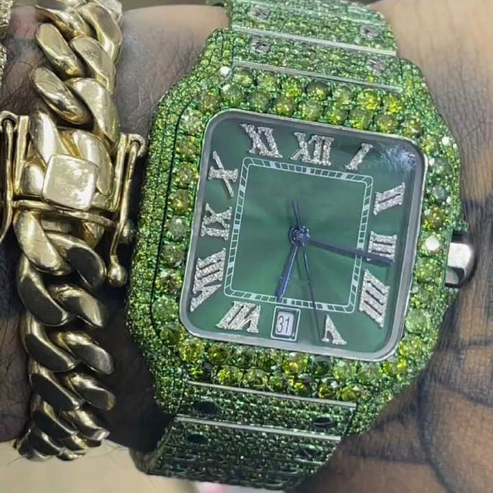 Premium Squarde Dial Green And Light Green Lab Grown Iced Out Bust Down Stainless Steel Watch