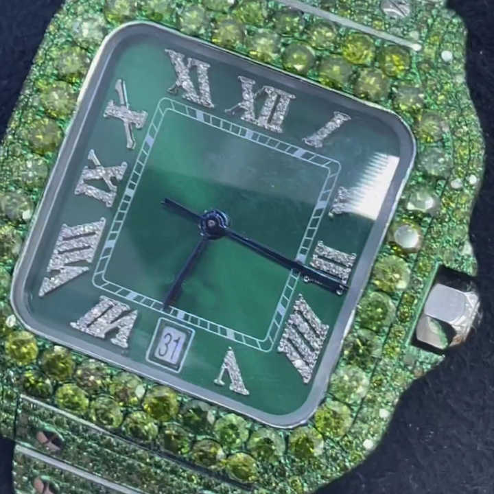 Premium Squarde Dial Green And Light Green Lab Grown Iced Out Bust Down Stainless Steel Watch