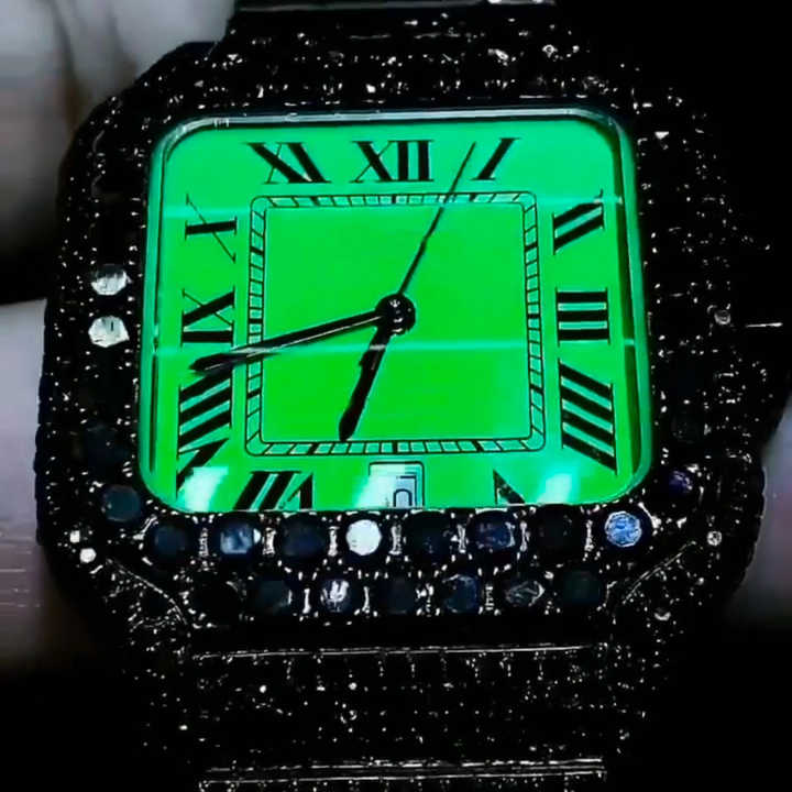 High Quality Premium Square Dial Black Diamond Lab Grown Iced Out Bust Down Stainless Steel Watch